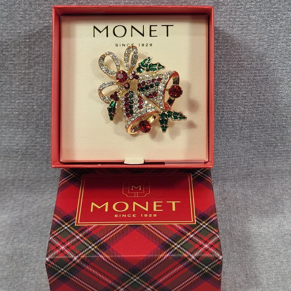 Monet Christmas Bells Pin Brooch Gold Tone Rhinestones Sparkly New Old Stock
